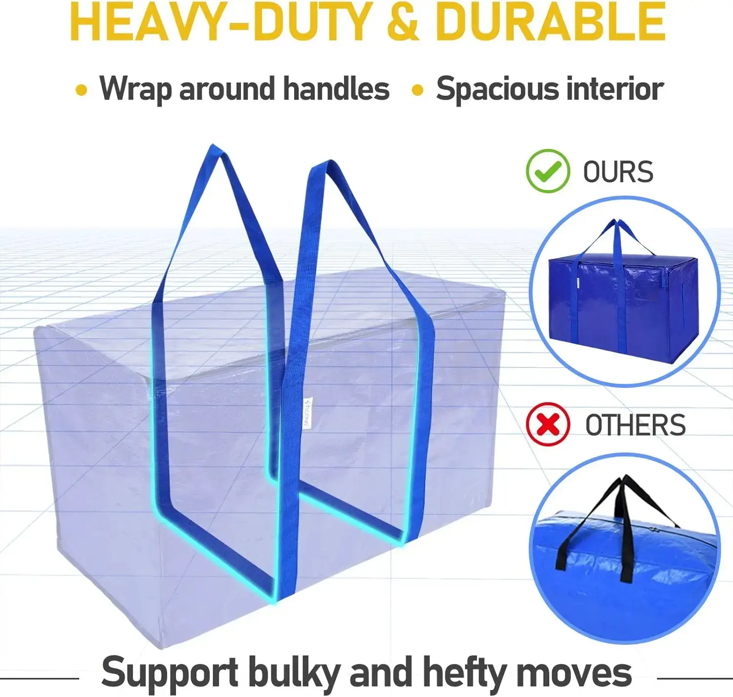 Tall stack of cobalt blue CasaBella moving bags on a white background