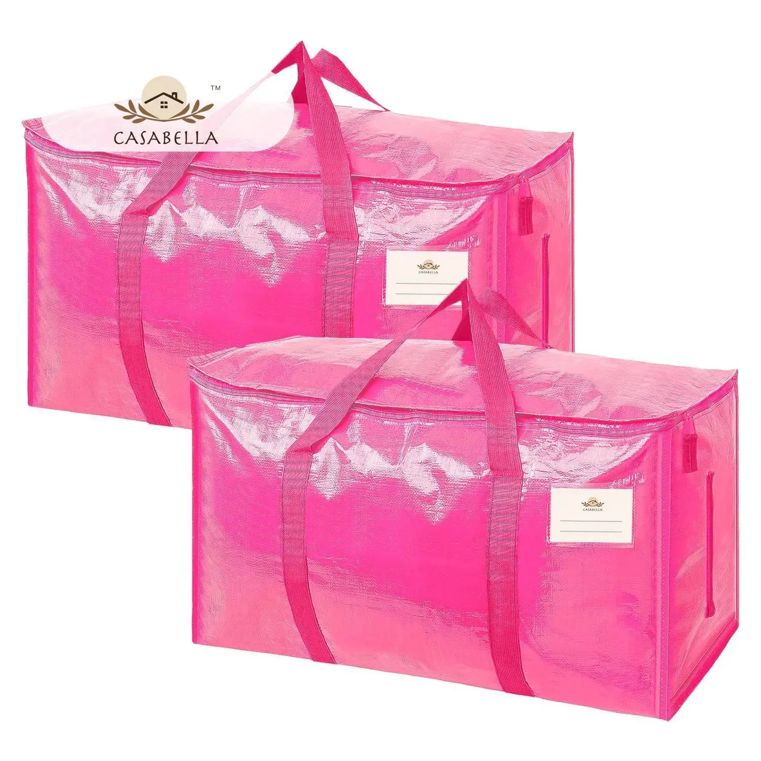 Four Barbie pink CasaBella moving bags grouped on a white background