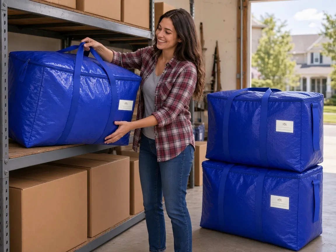 Cobalt blue CasaBella bags stacked on white closet shelves